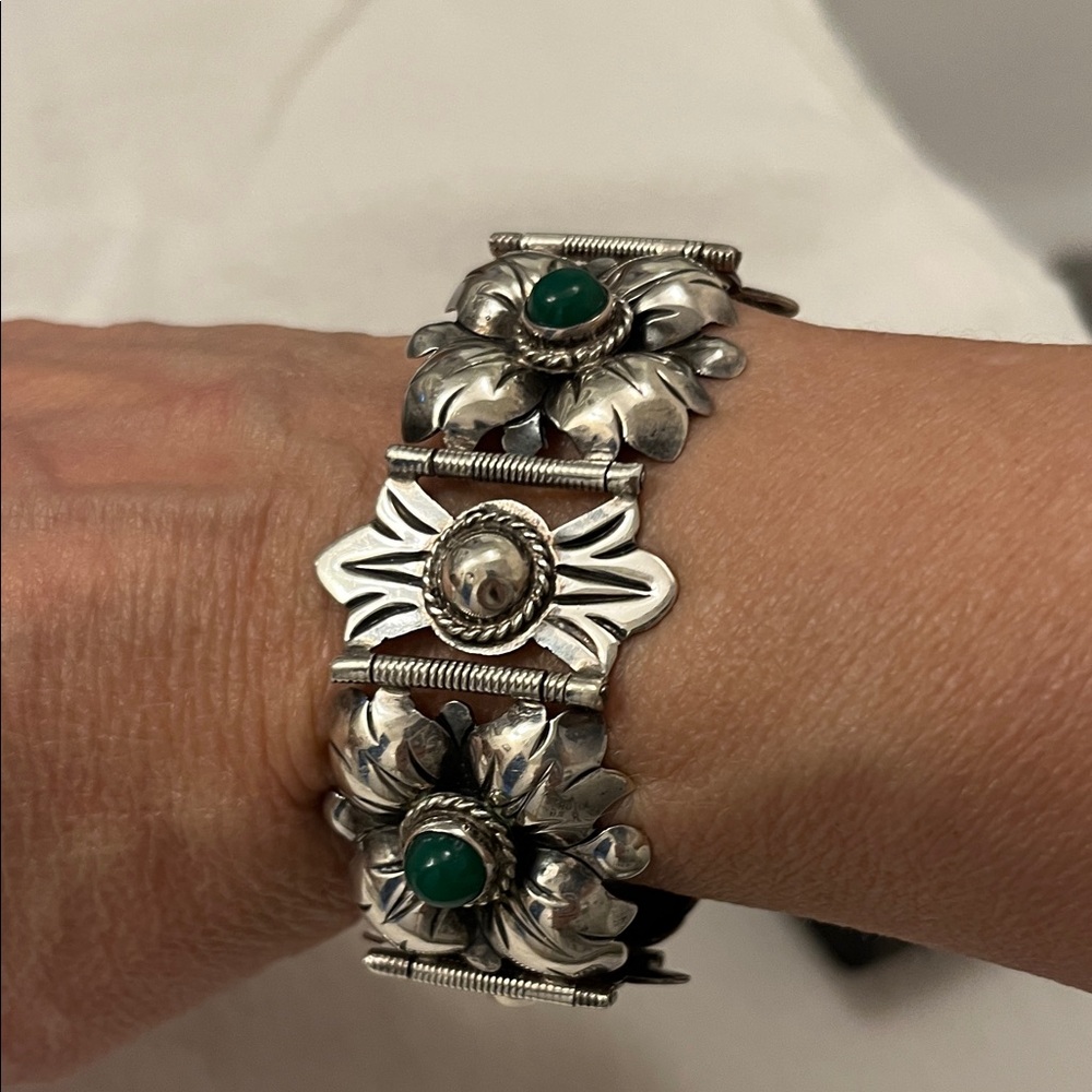 Silver and Green Floral Bracelet
